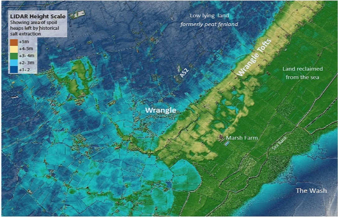 satellite view showing area of spoil heaps left by historical salt extraction in Wrangle.