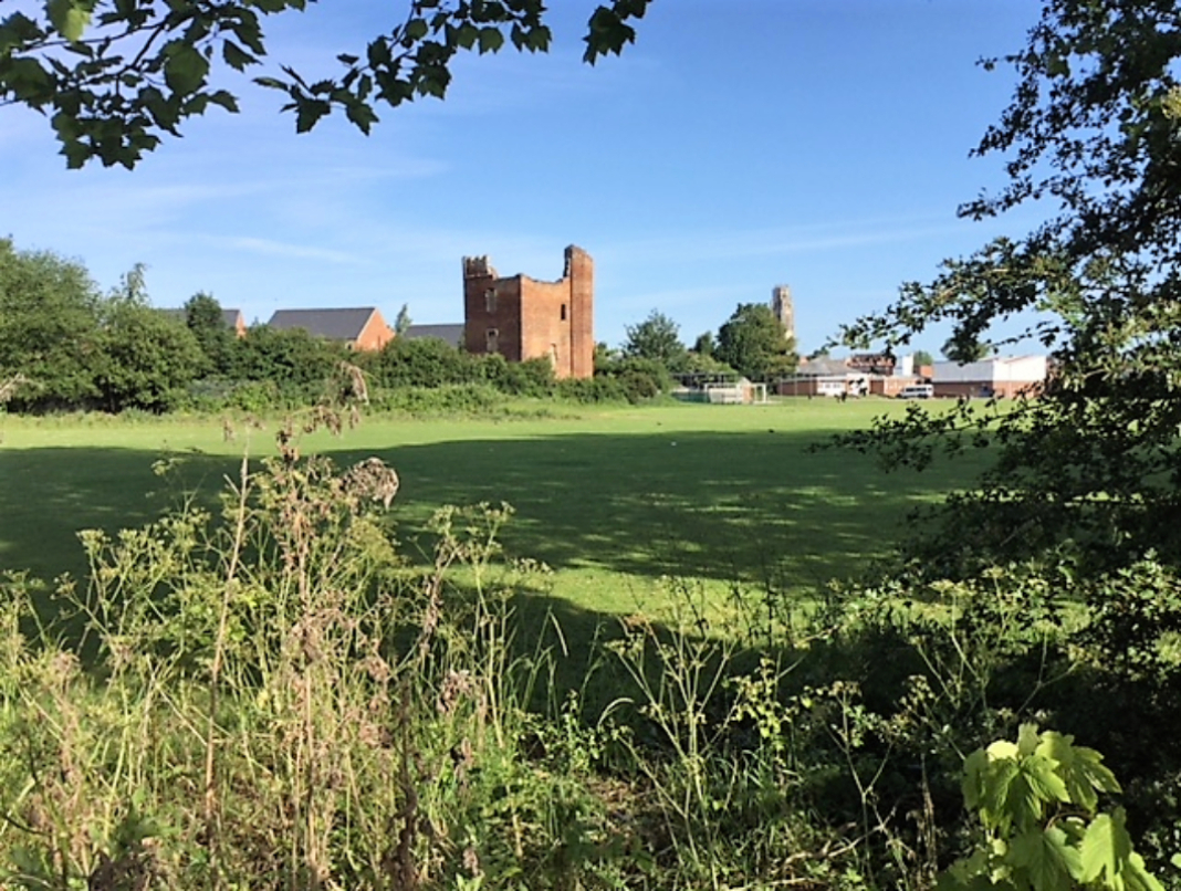 Open field with the Hussey Tower in the distance