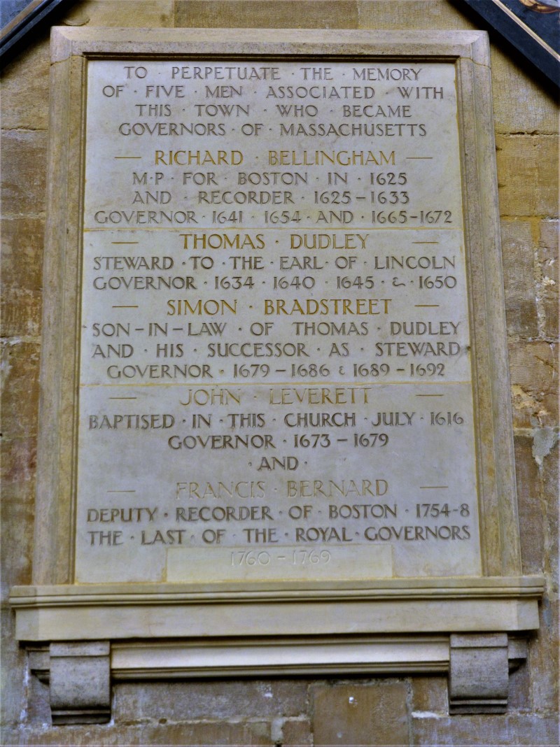 Commemorative Plaque, in St Botolph’s Church for the five Boston men who become govenors of Boston Massachusetts