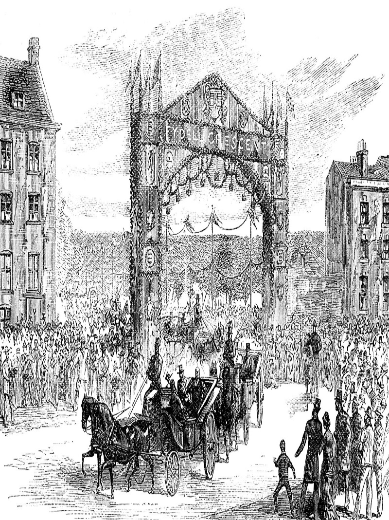 Artist impression of the opening of Fydell Cresent in 1989 with a gathering of people with horse and carts