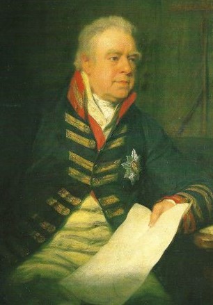A colour portrait of Sir Joseph Banks, pictured seated in a blue-green jacket with a silver 8 pointed star medal. The medal is for The Order of the Bath.