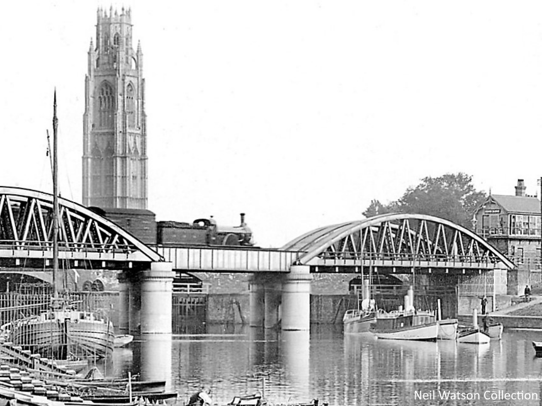 Steam train passing over the Sluice bridge